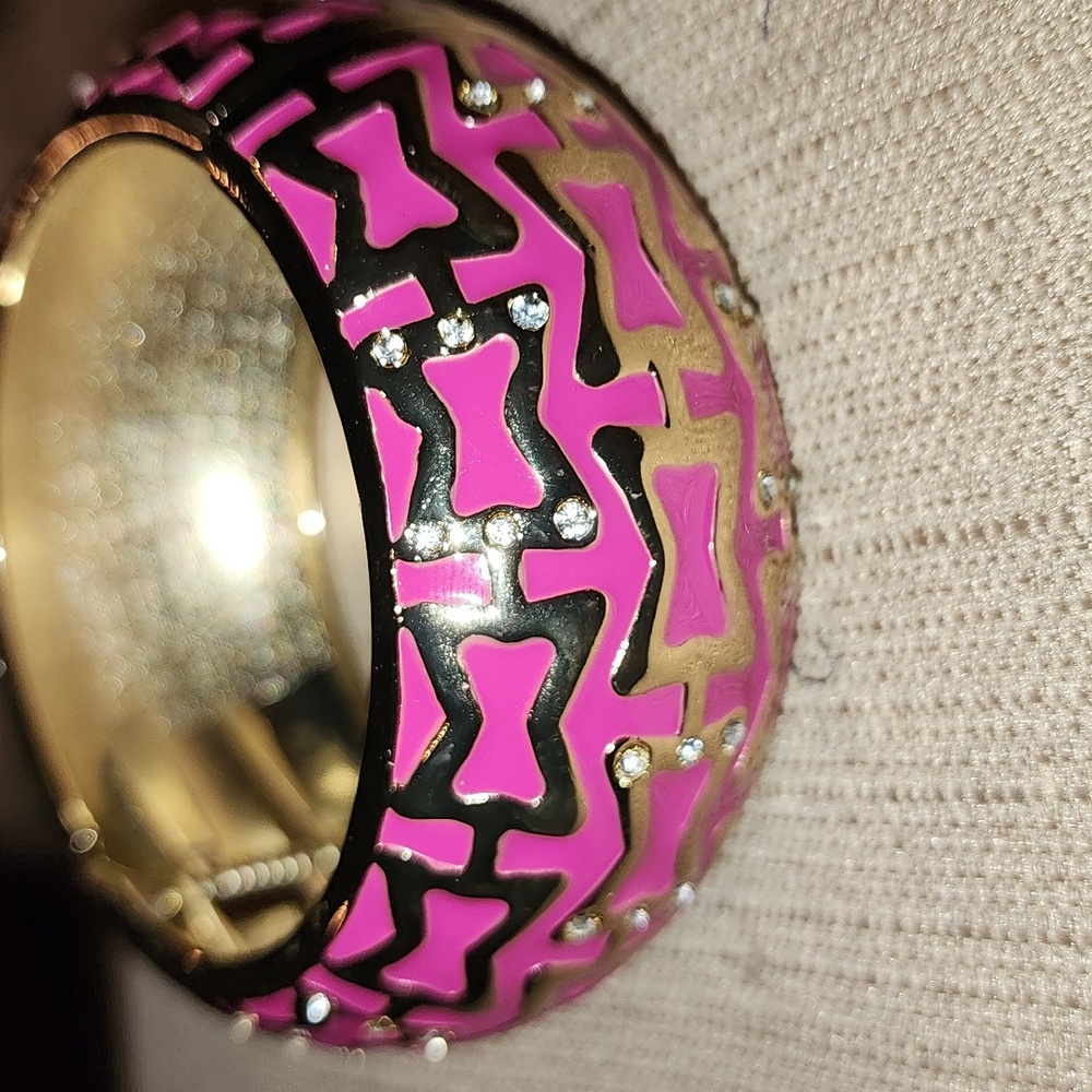 New Sequin Pink and Gold-Tone Bangle with Crystals, NWOT